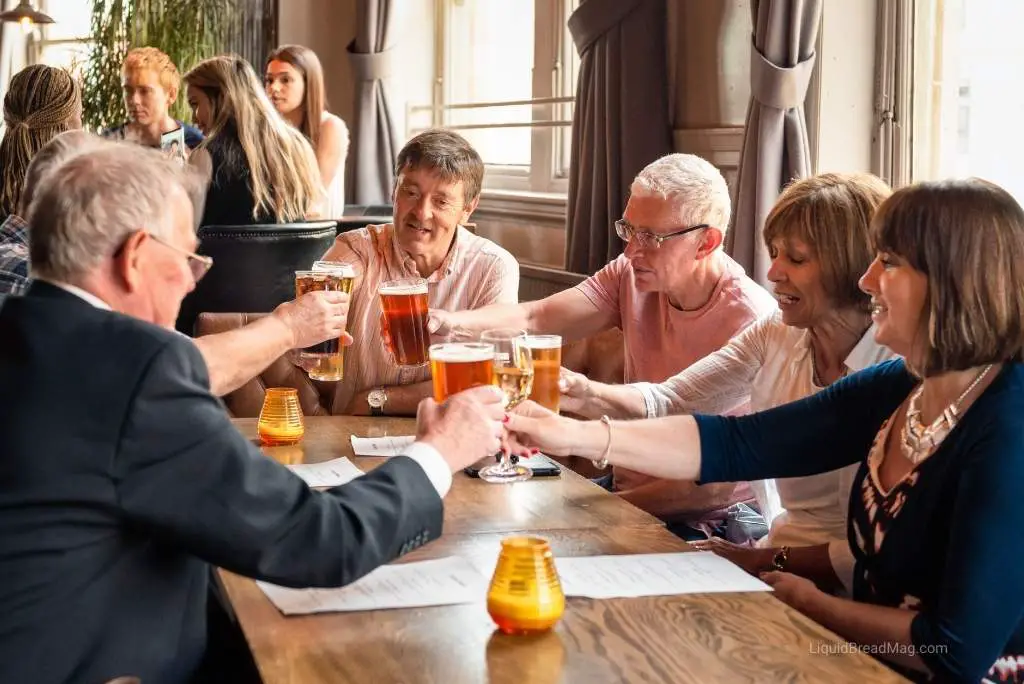 Friends gather at a British Pub.
